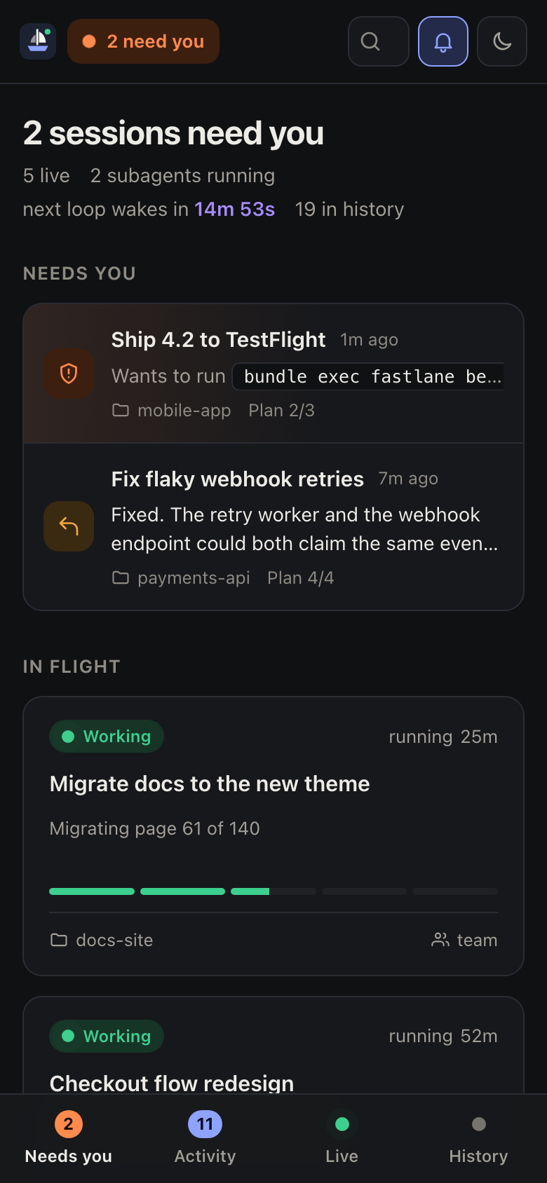 Skipper on a phone: sessions that need you and in-flight work, with a bottom tab bar