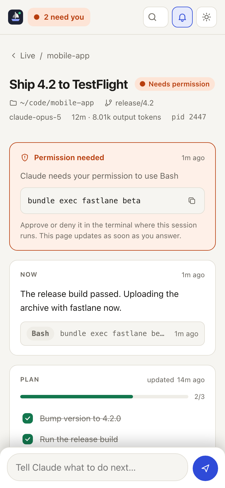 A permission prompt on a phone, showing the exact command with a copy button