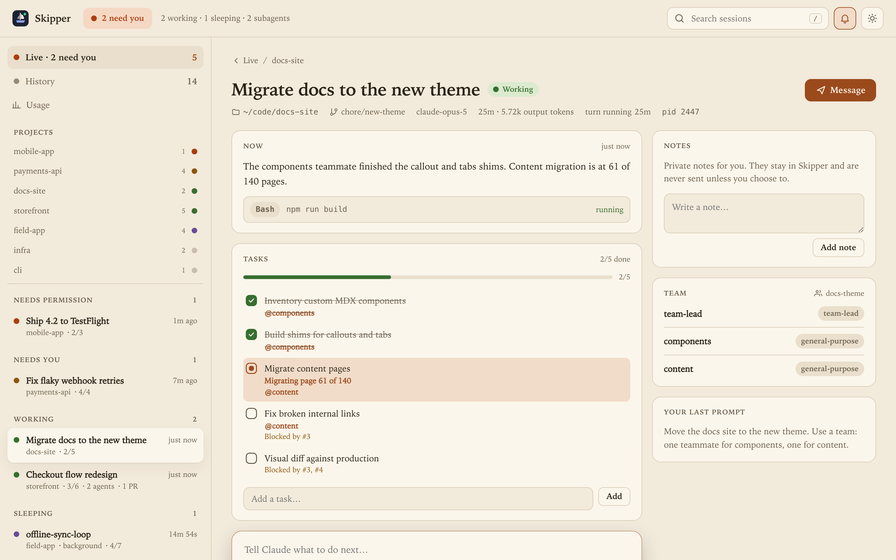 Team task list with owners and blockers in the Paper theme