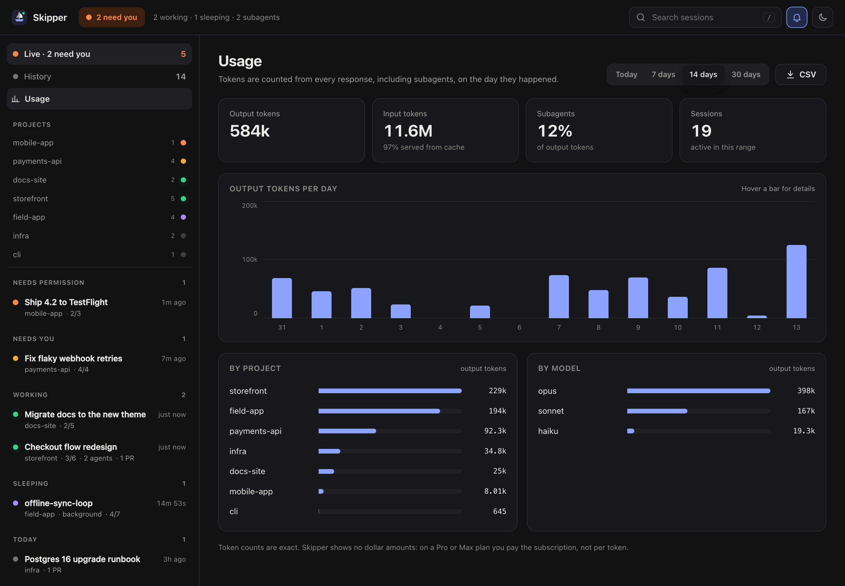 Usage page: output and input tokens, subagent share, sessions, output tokens per day, and breakdowns by project and model