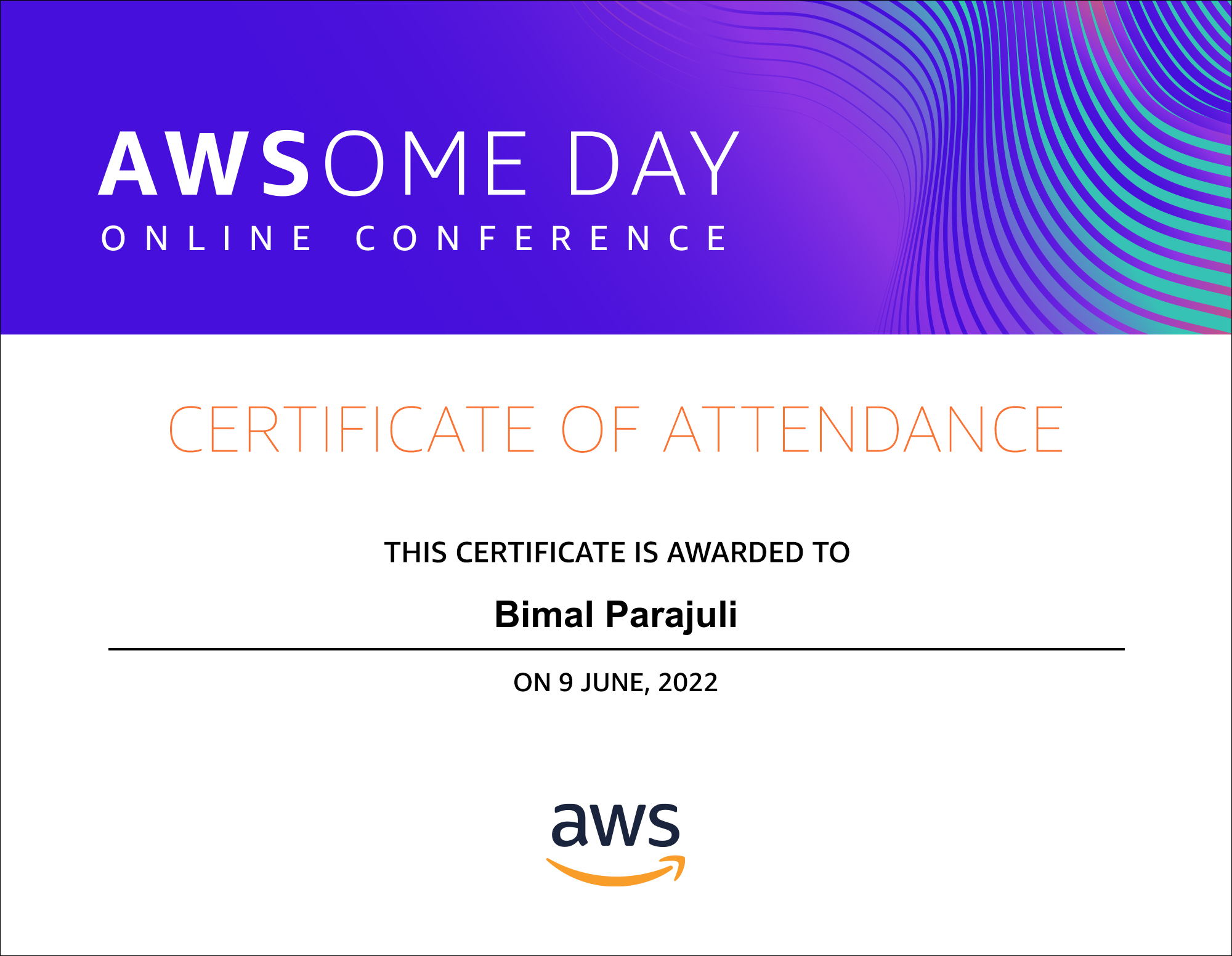Certificate of participation in AWSome Day online Conference hosted by AWS.