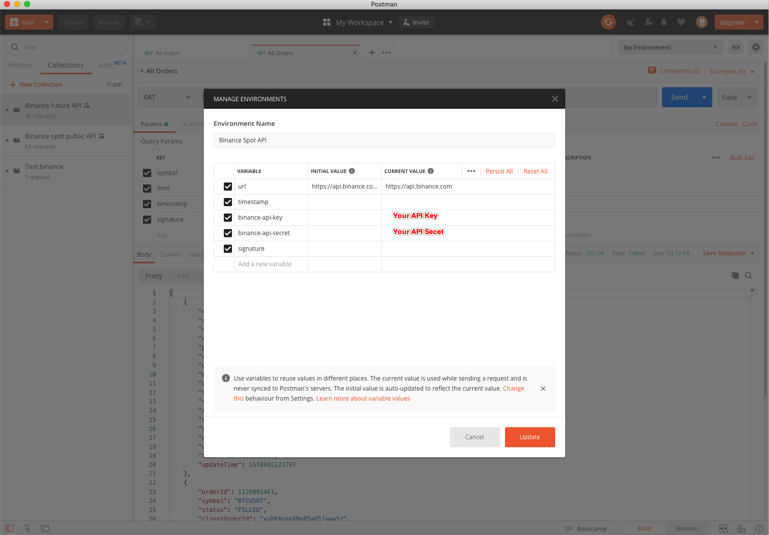 Screenshot of Postman for Mac, showing where the user should fill in their API and secret keys.