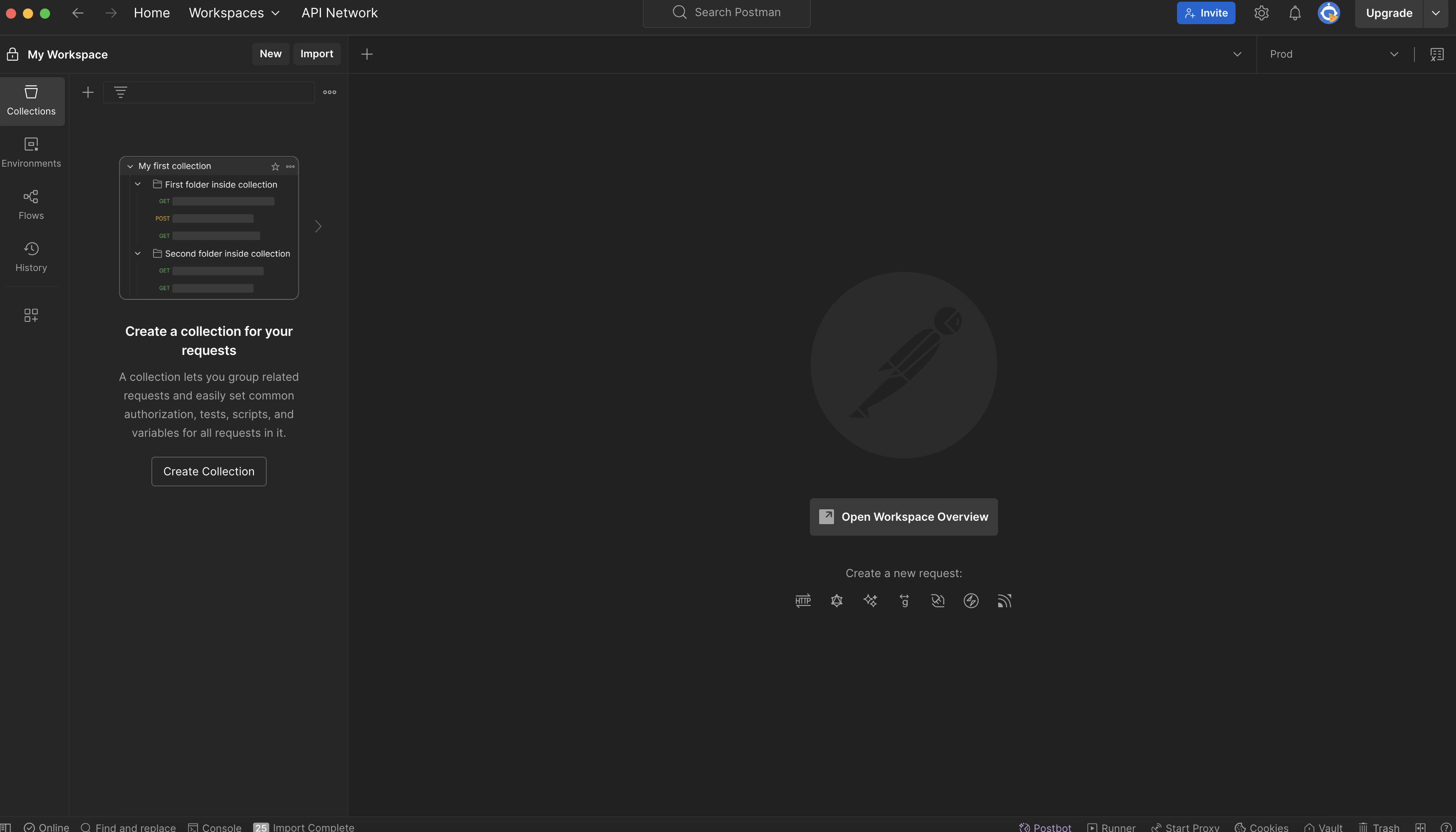 Screenshot of Postman for Mac, with 'Import' button pointed out at top left.