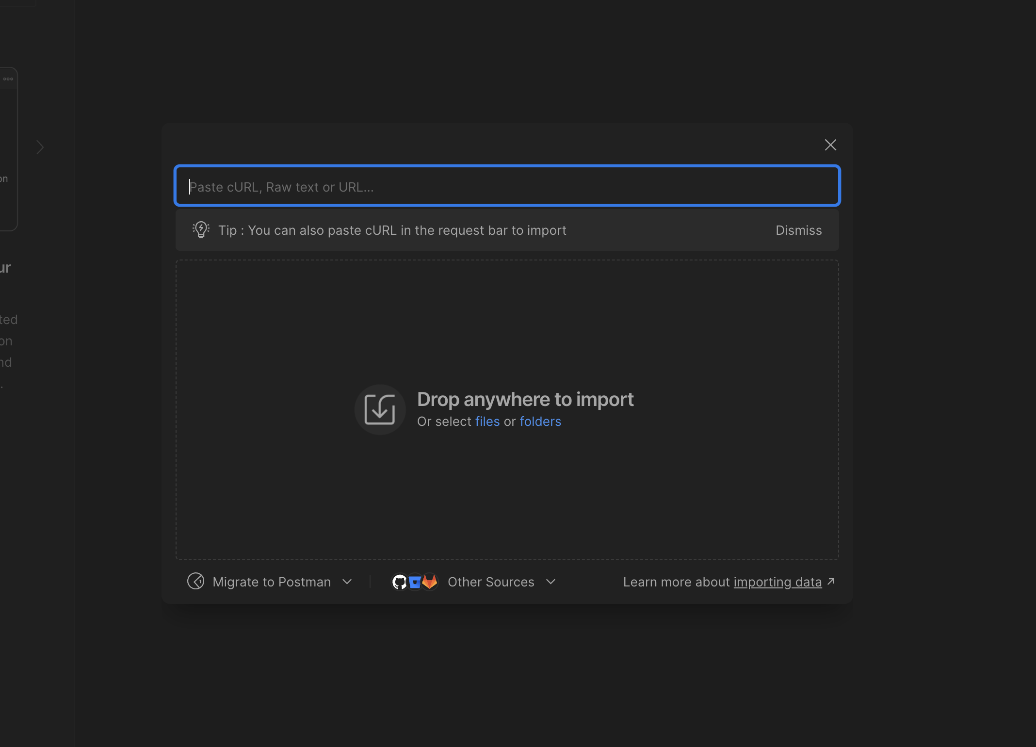 Screenshot of of Postman for Mac, showing the Import screen.