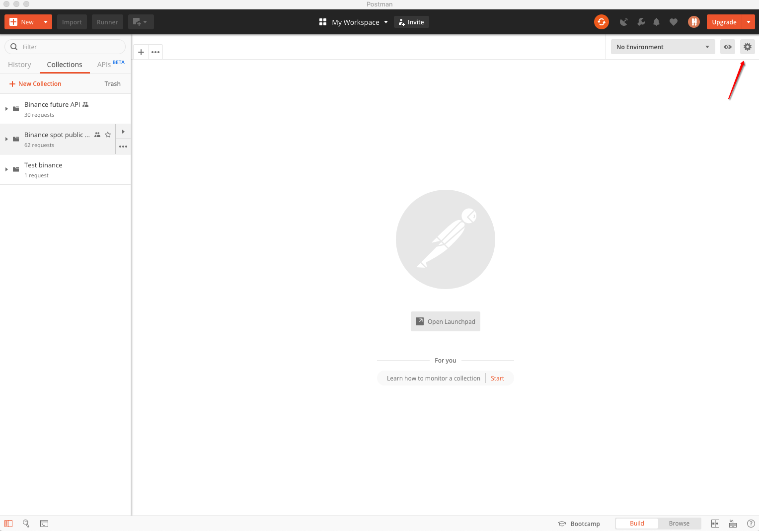 Screenshot of Postman for Mac, with 'Manage Environments' button pointed out at top right.