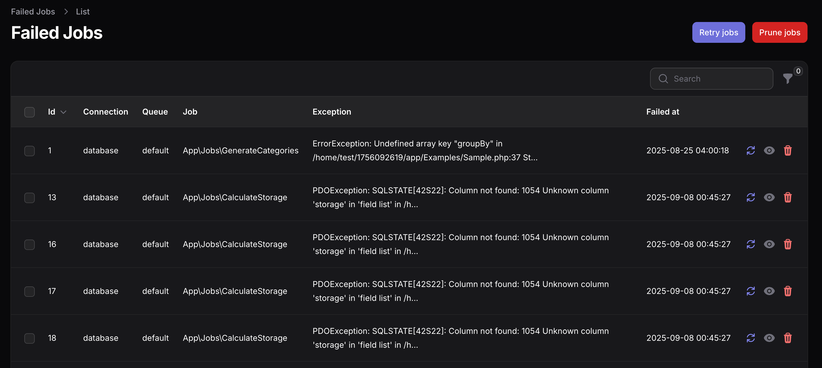 failed jobs index table