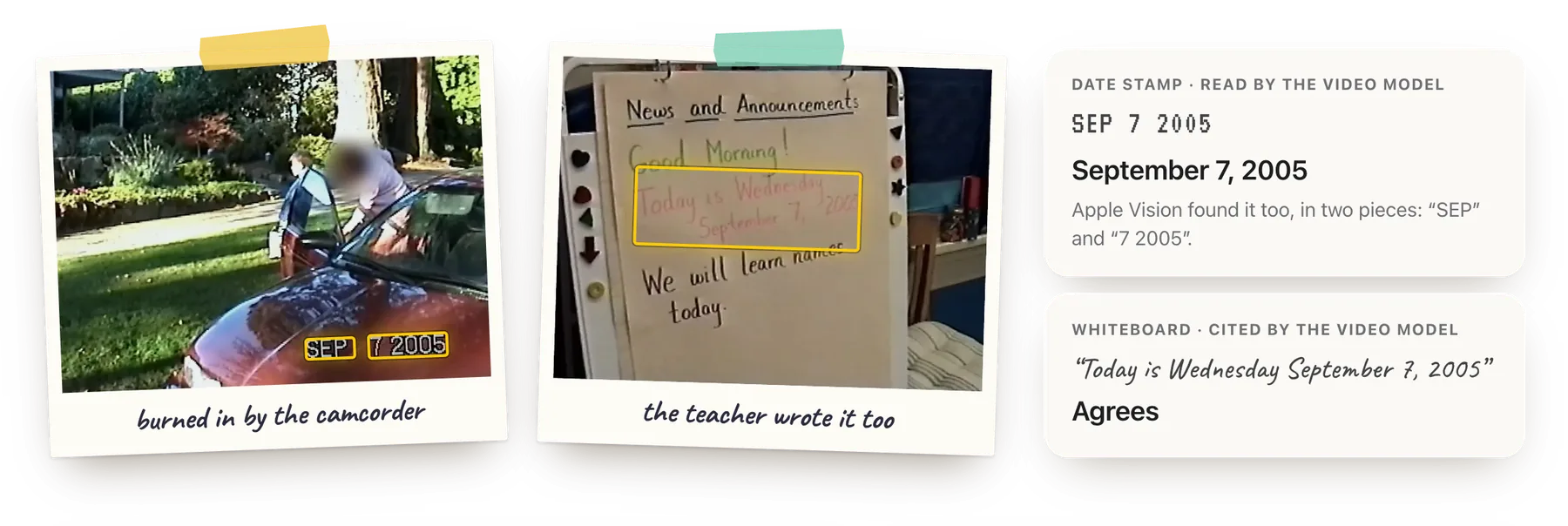Two polaroids with yellow boxes where text was read: the date stamp SEP 7 2005 and a whiteboard saying Today is Wednesday, September 7, 2005, next to cards with the dates tapesplit took from them