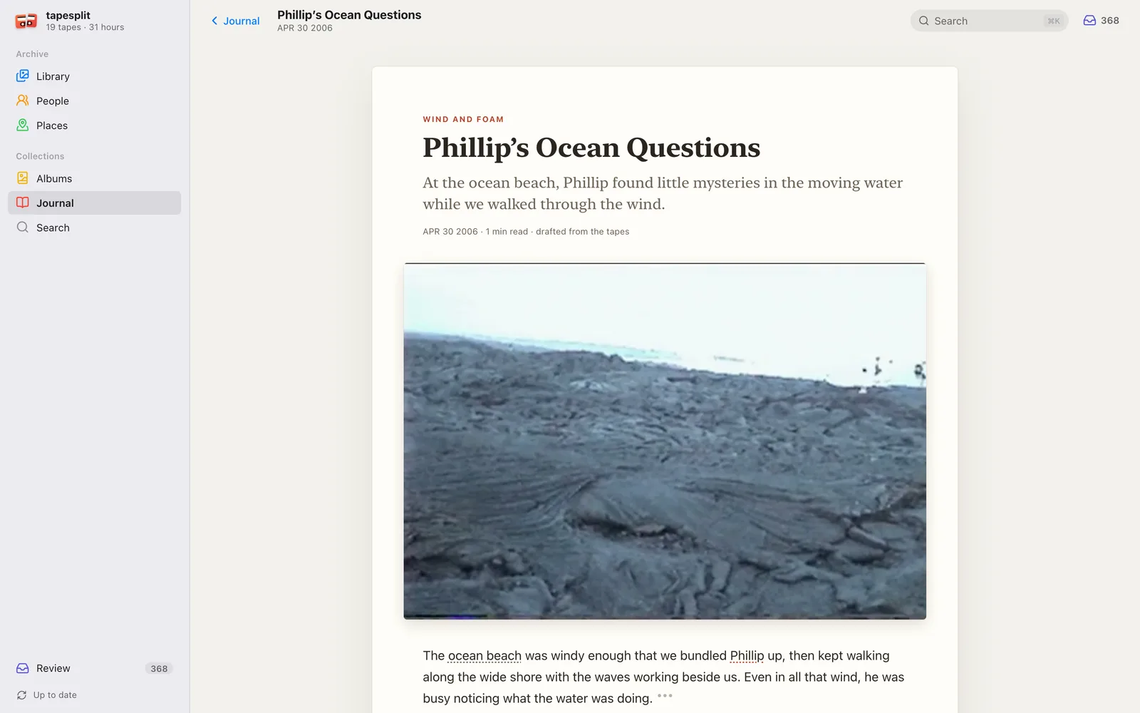 A Journal entry titled Filip's Ocean Questions, drafted from beach footage