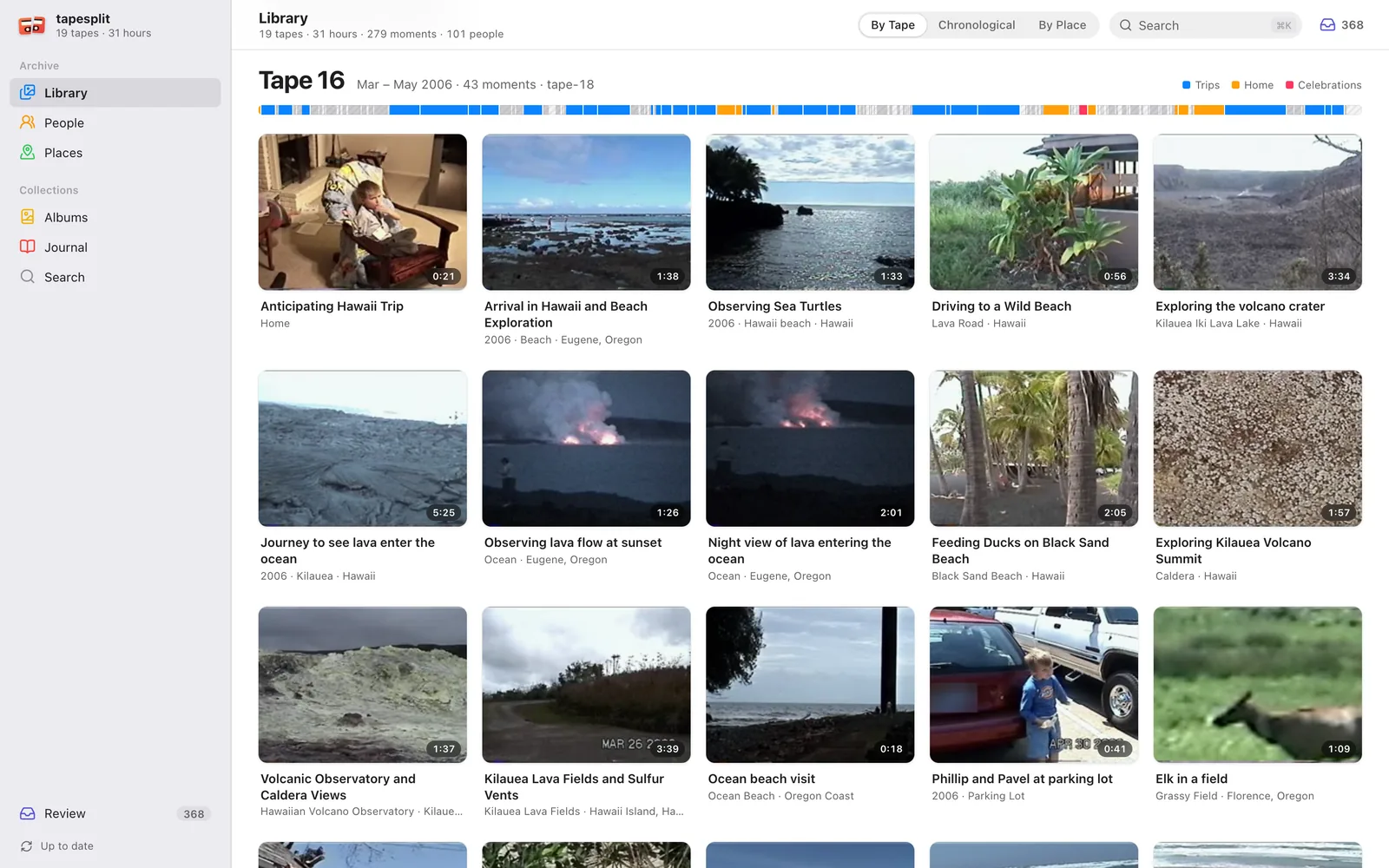Library view: a strip of tape 16 above its moments as photo tiles (arrival in Hawaii, sea turtles, the volcano crater, lava entering the ocean at night) with years and places
