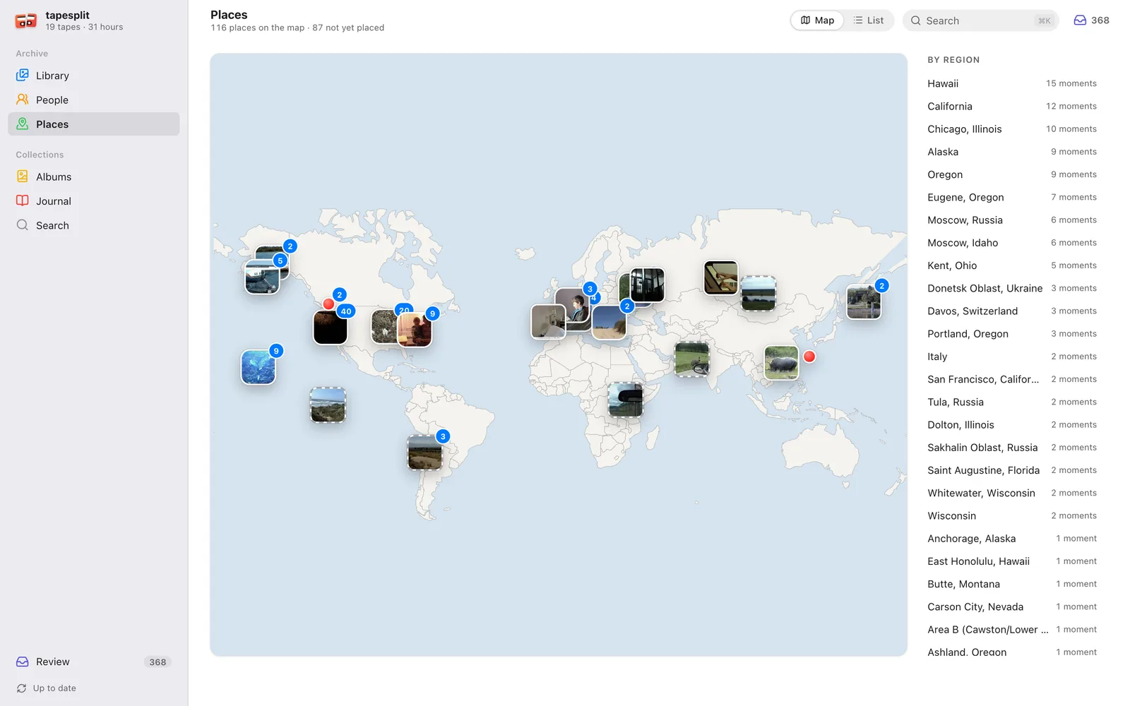 Places view: a world map with photo pins for every place on the tapes