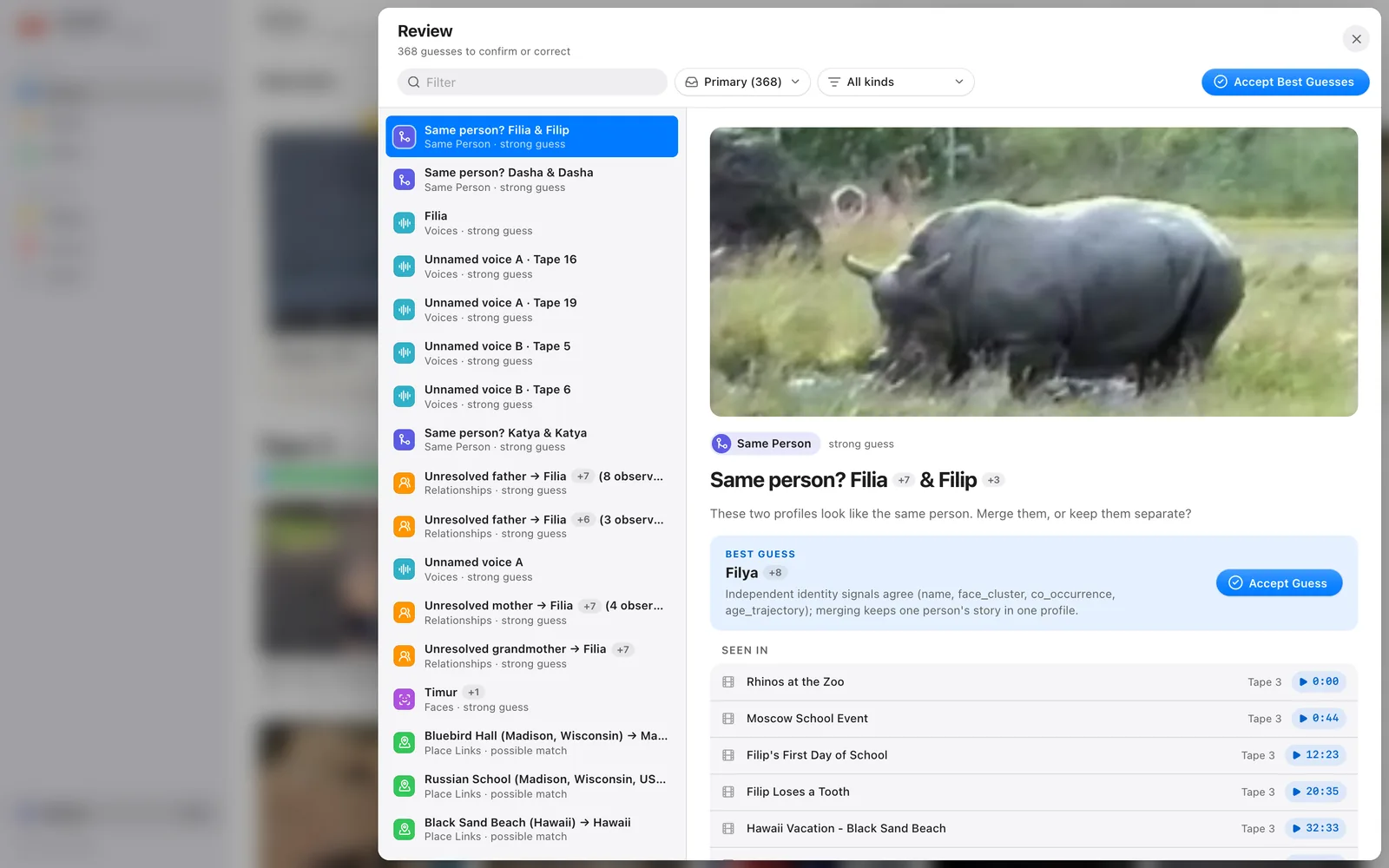 The review queue: duplicate people, unnamed speakers, relationships and places waiting for confirmation, with evidence