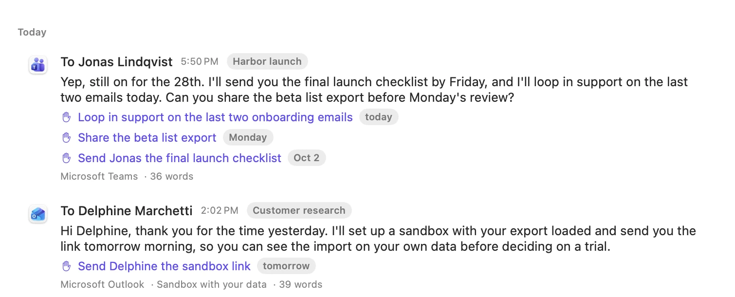 Two sent messages with the to-dos and deadlines found in them