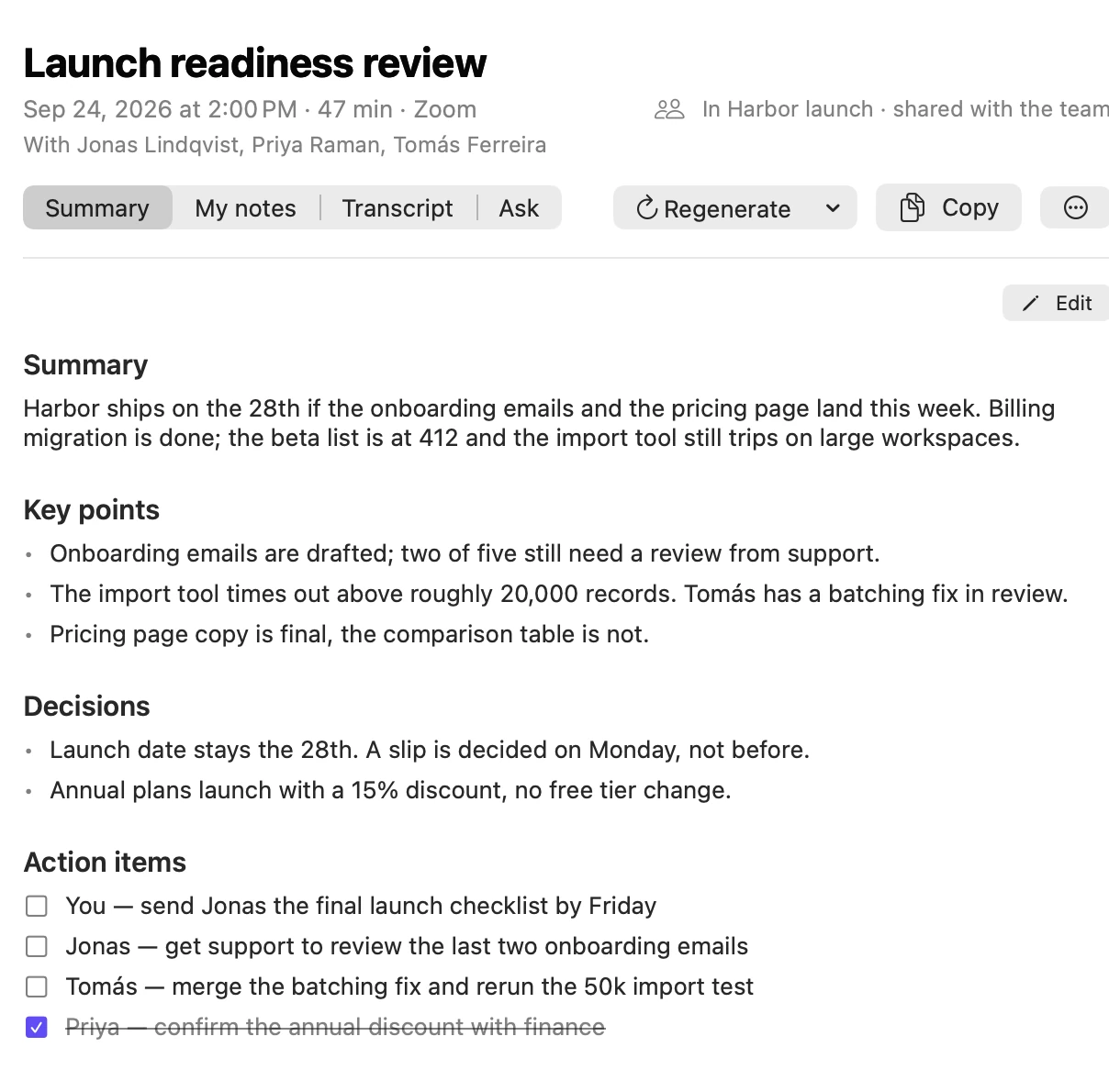 Meeting notes with a summary, key points, decisions and action items by owner