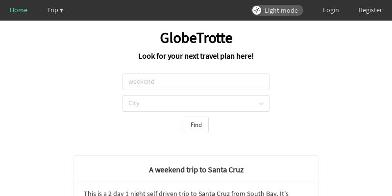 Screenshot of GlobeTrotte Homepage