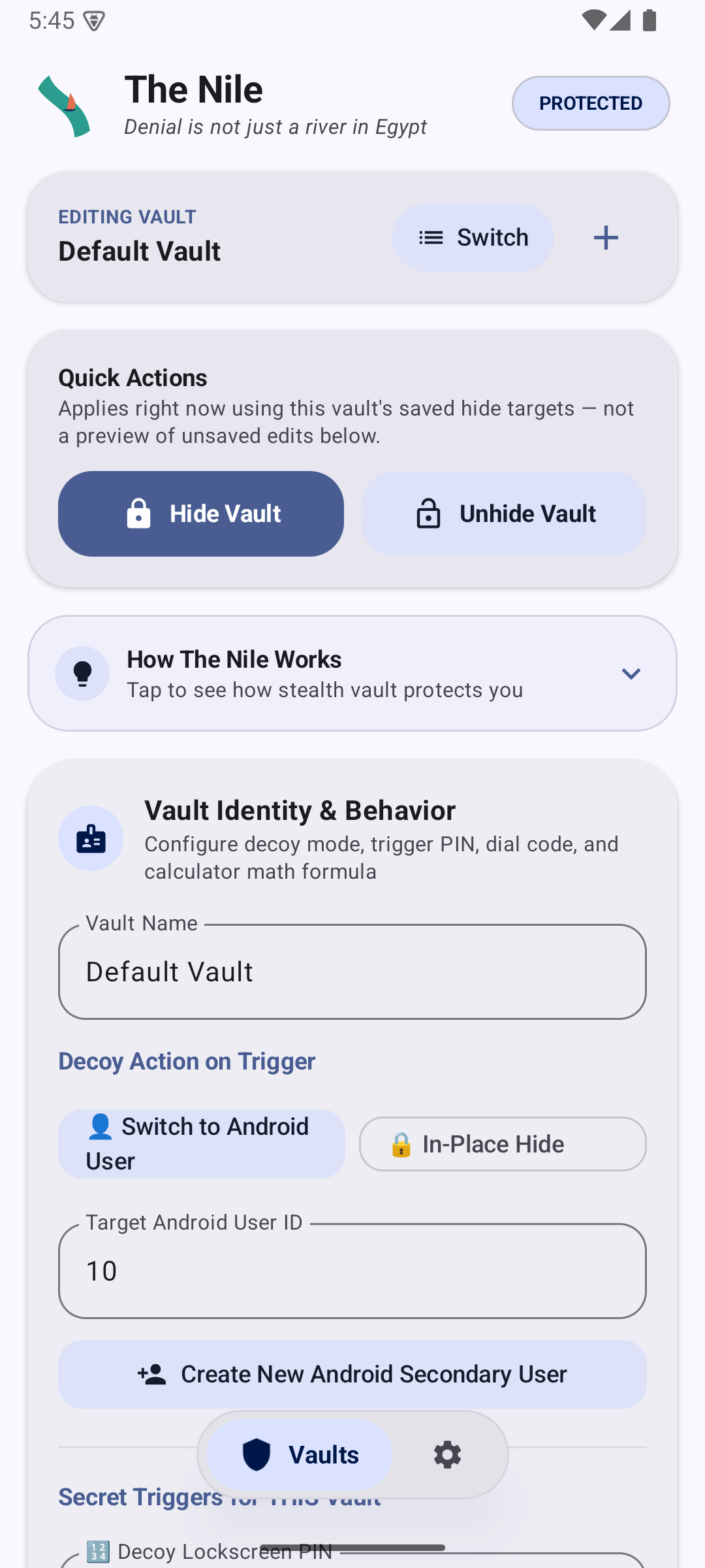 Vault management — decoy mode, quick hide/unhide, per-vault behavior