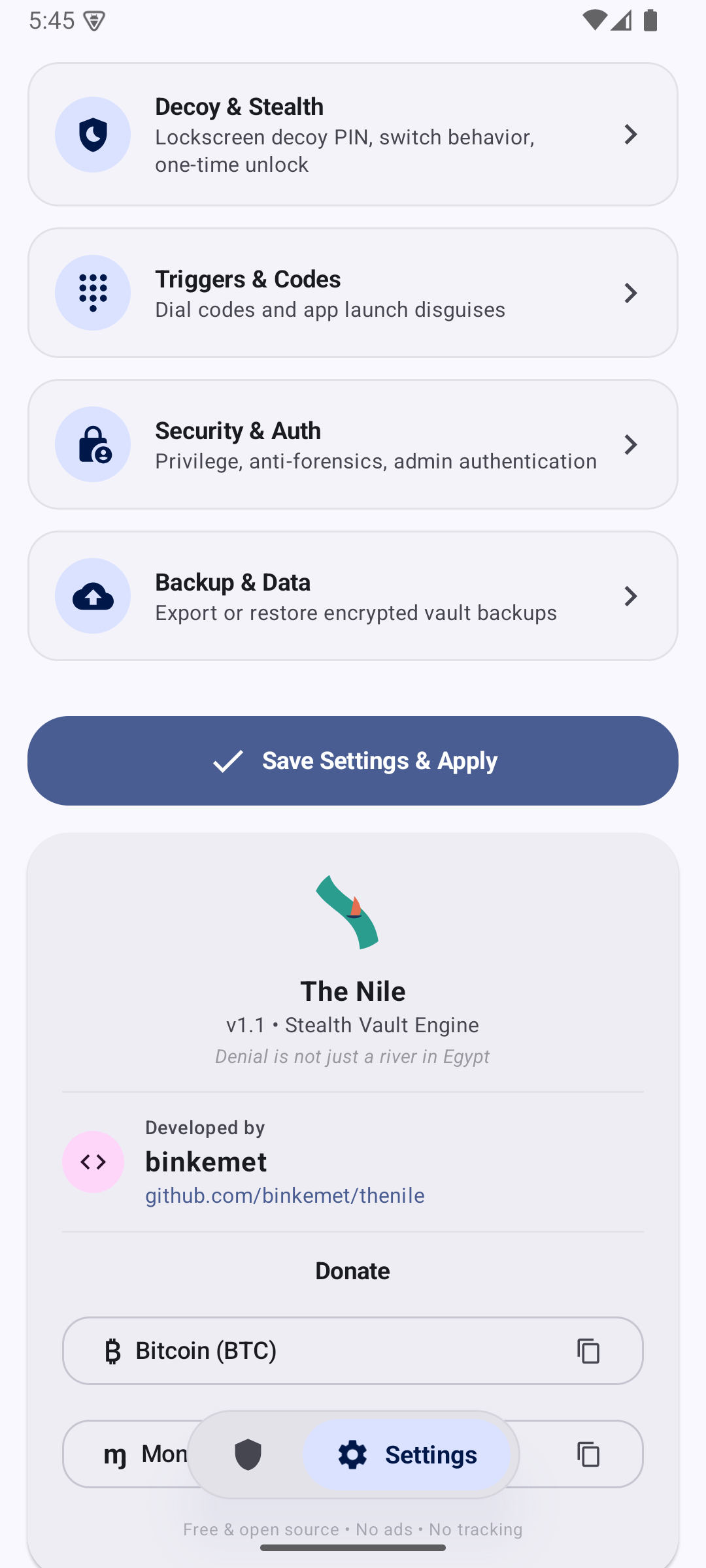 Settings — decoy & stealth, triggers, security, backups