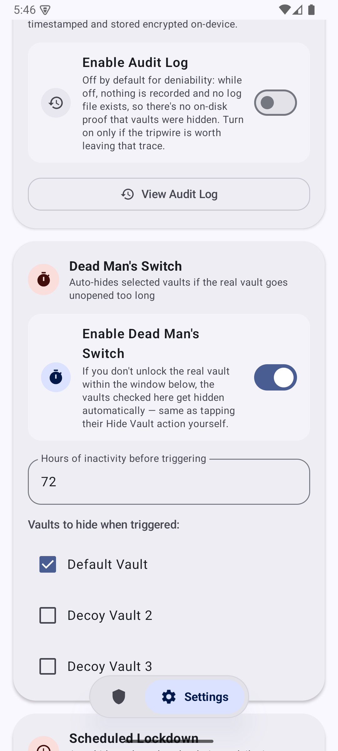 Security automation — encrypted audit log and auto-hide triggers