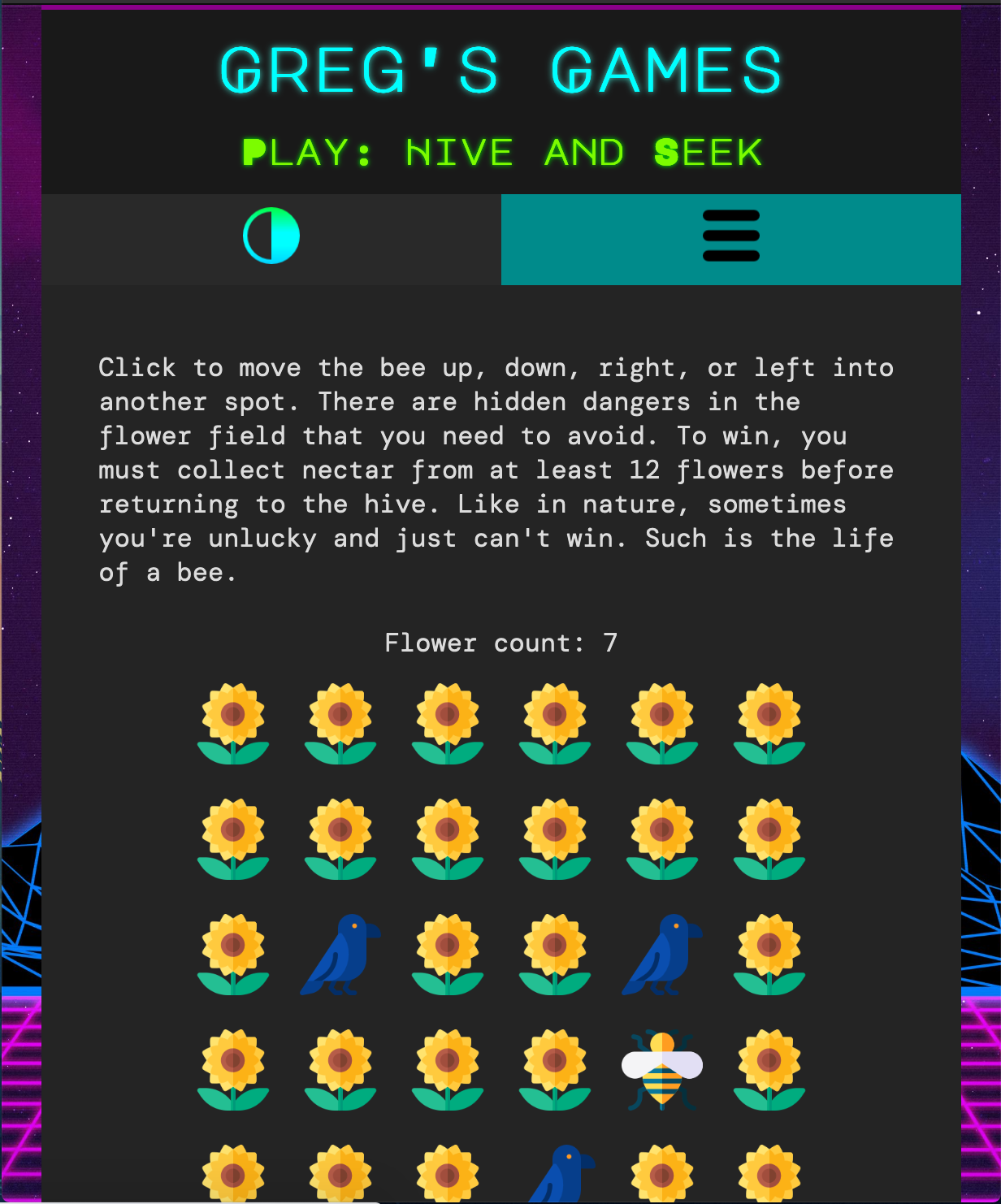 Image of Hive and Seek game on mobile (dark mode)