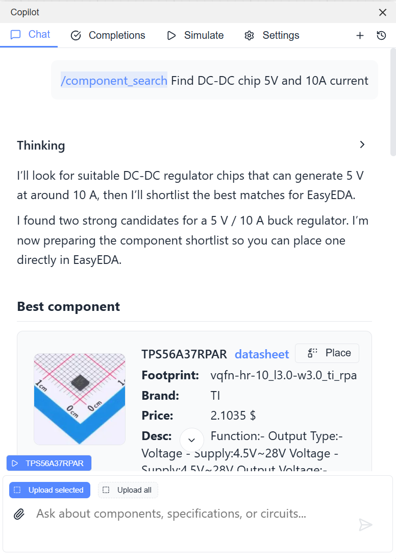 LCSC component search results in EasyEDA Copilot