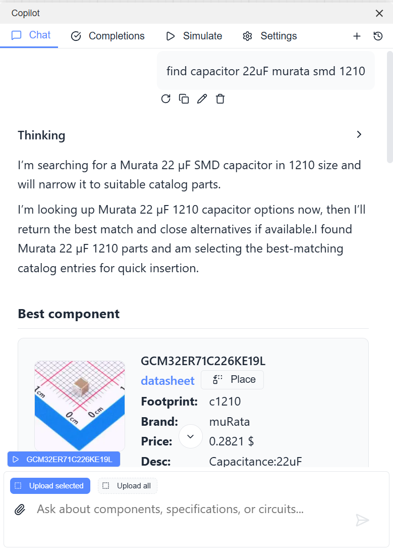 Selecting a component candidate in EasyEDA Copilot