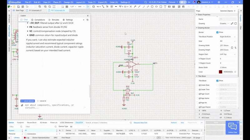 Running a SPICE simulation in the EasyEDA Copilot built-in interface