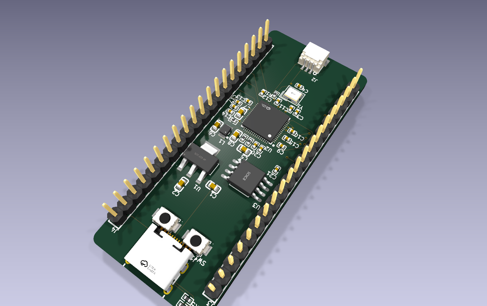 3D render of the RP2350 PCB placement generated with KiCad Copilot