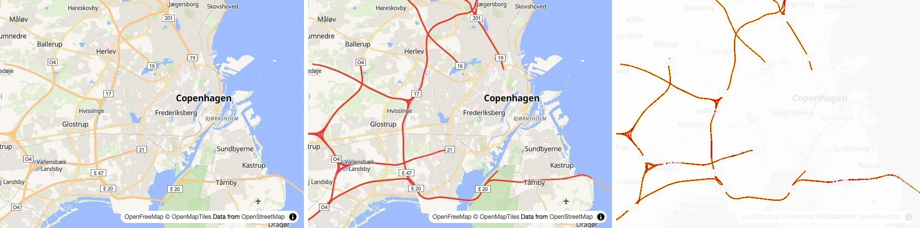 A MapLibre style before and after an agent turned its motorways red, and the pixels that changed