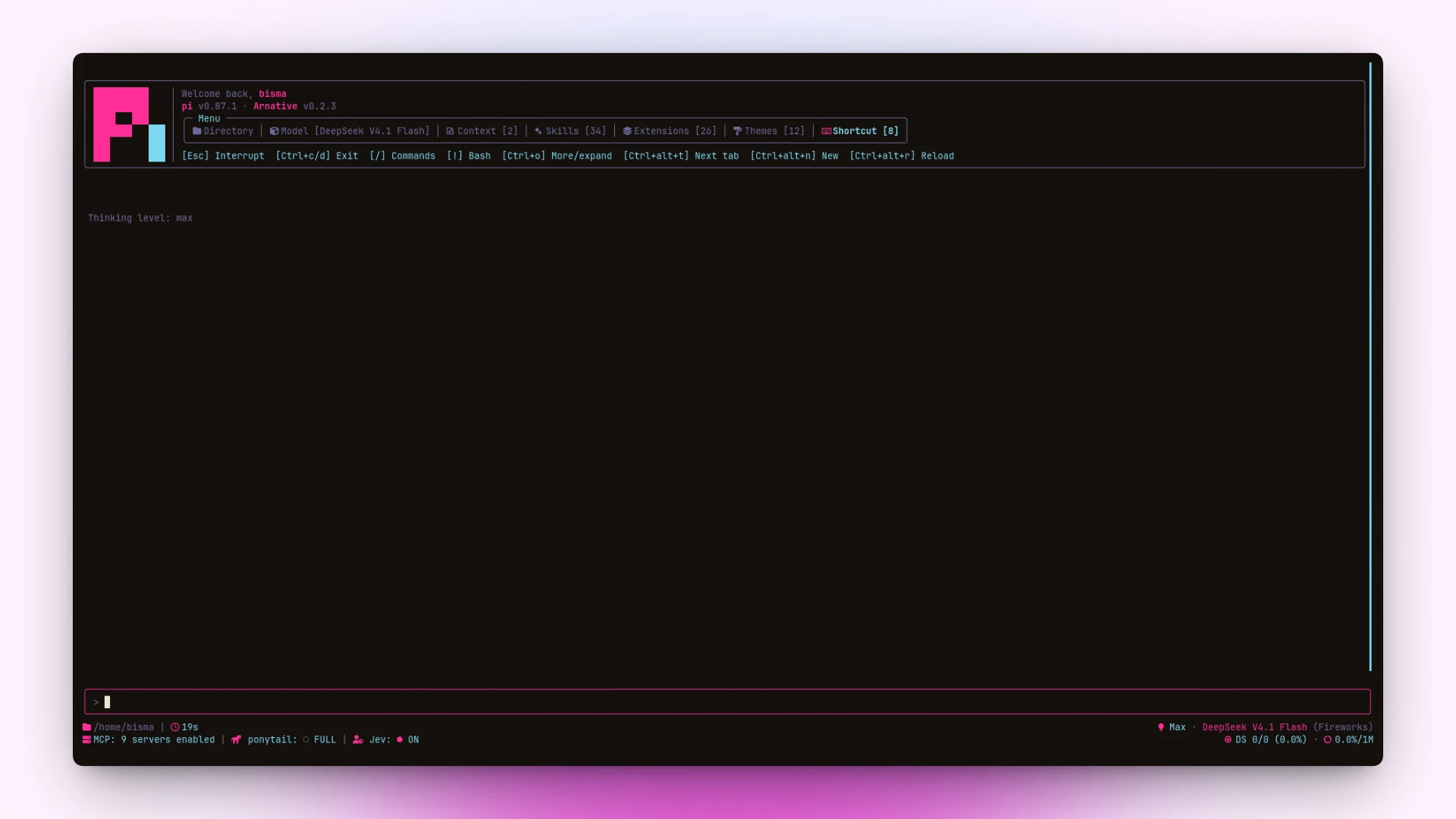 Arnative: tabbed header, rounded tool boxes, transcript clock and /usage dashboard