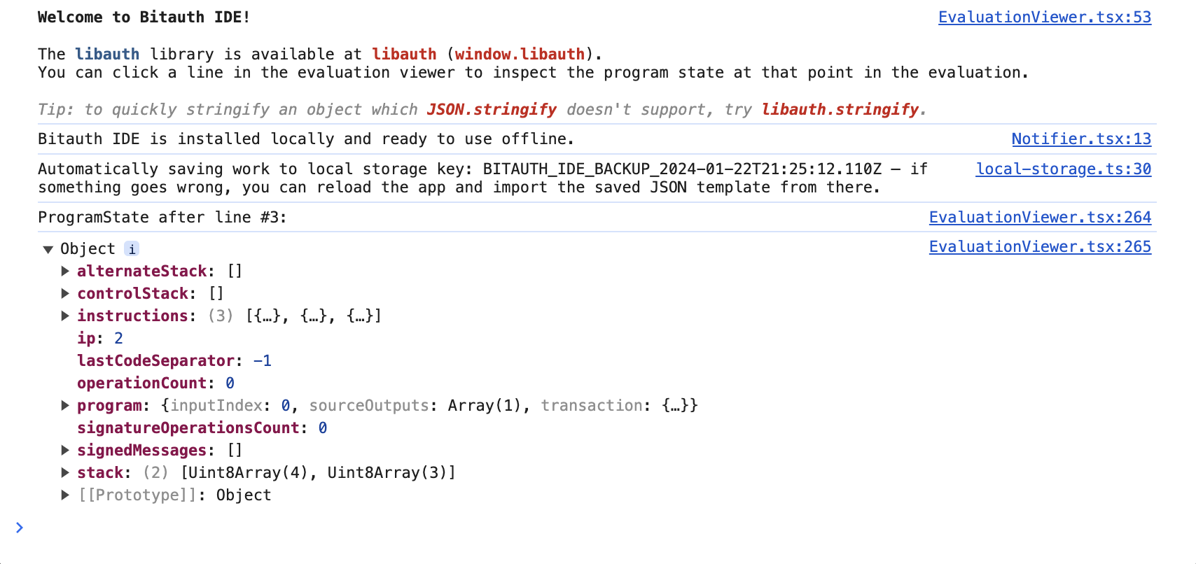 A screenshot of the JavaScript developer console after clicking on line 3 in the evaluation viewer