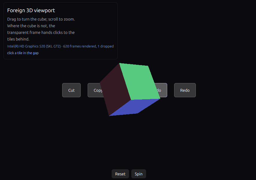The interop_cube_drag example: a 3D cube composited between GPUI's background tiles and its overlaid panel and buttons
