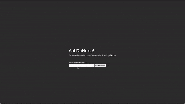 A gif, displaying how the website works. A start page with an input for a URL and a button that says "Artikel lesen" are being displayed. A link gets pasted into the field, and the button is being clicked. The site then displays a news article.