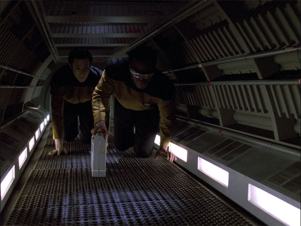 Geordi and Data Crawling Through a Jefferies Tube