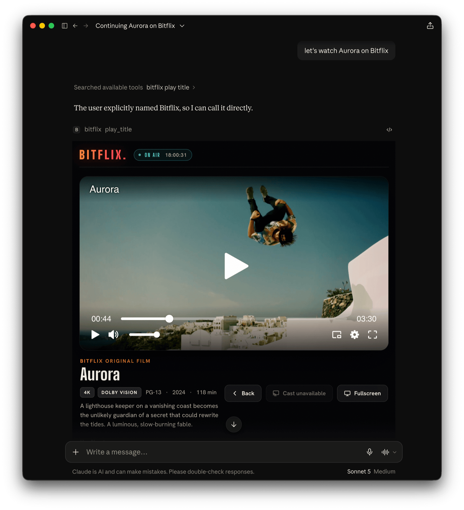 Bitflix widget in a Claude chat