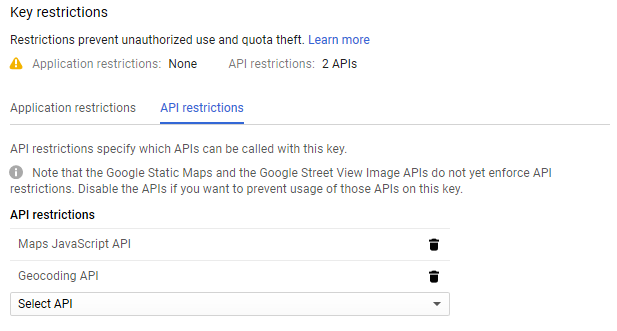 Screenshot of Google Maps API key restrictions