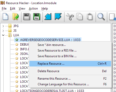 Screenshot of Resource Hacker with replace menu