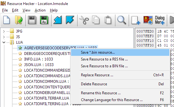 Screenshot of Resource Hacker with save menu
