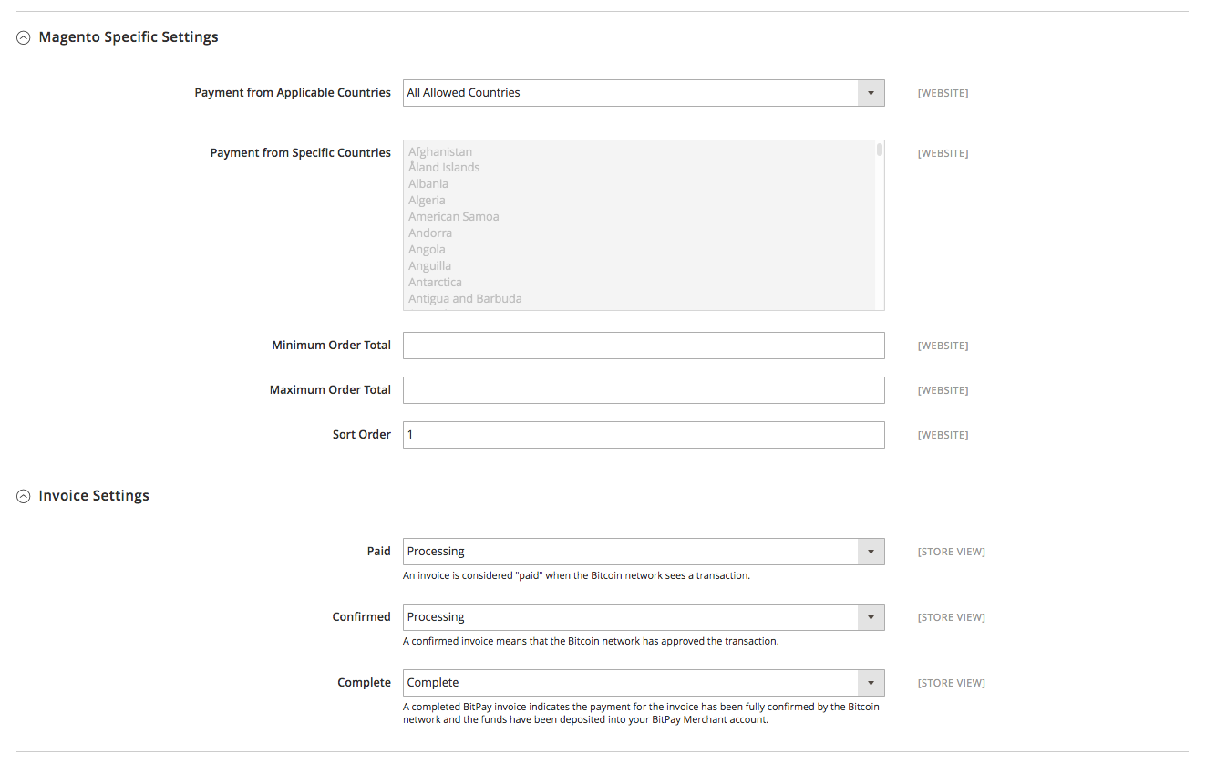 BitPay Invoice Settings