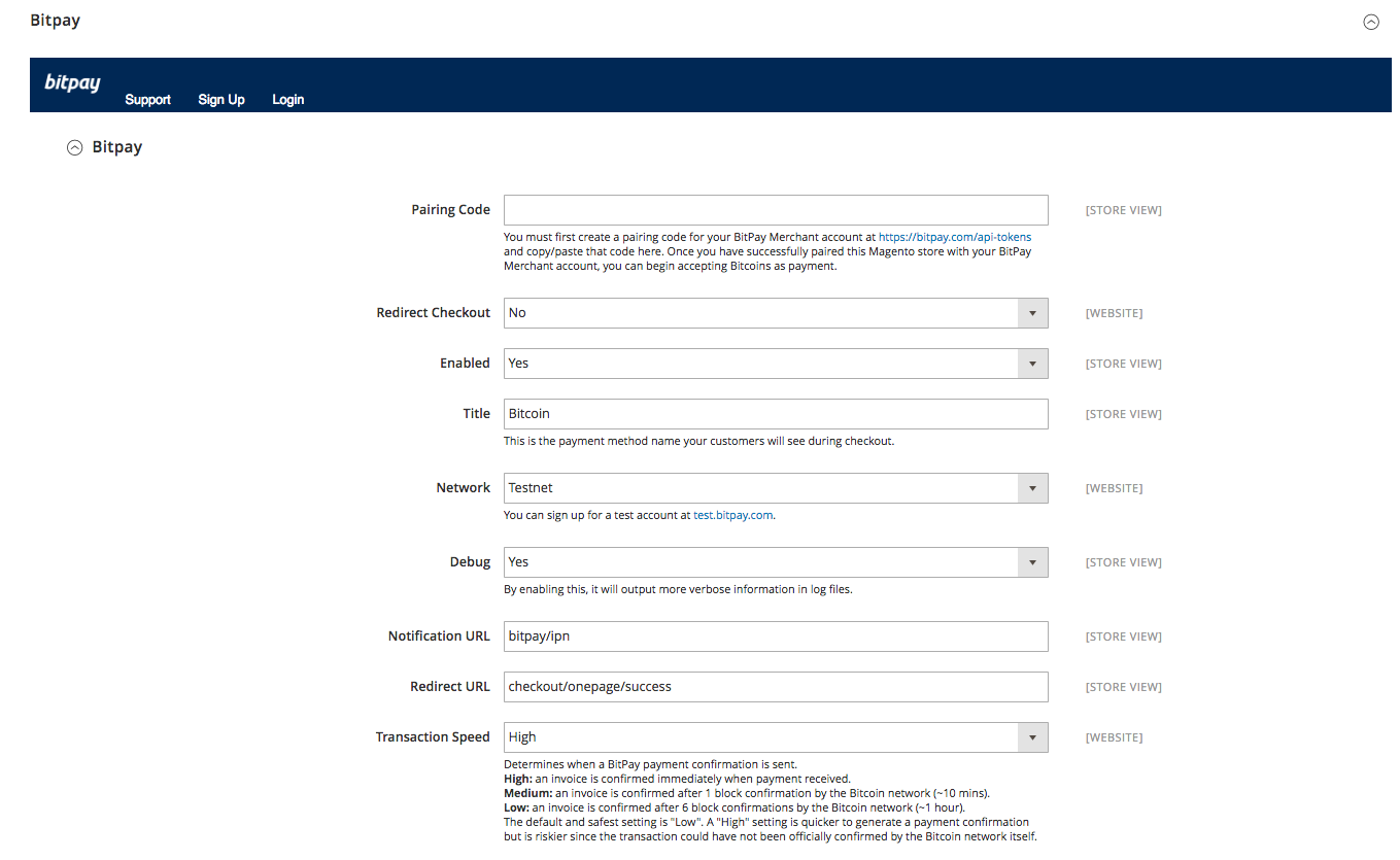 BitPay Magento Settings