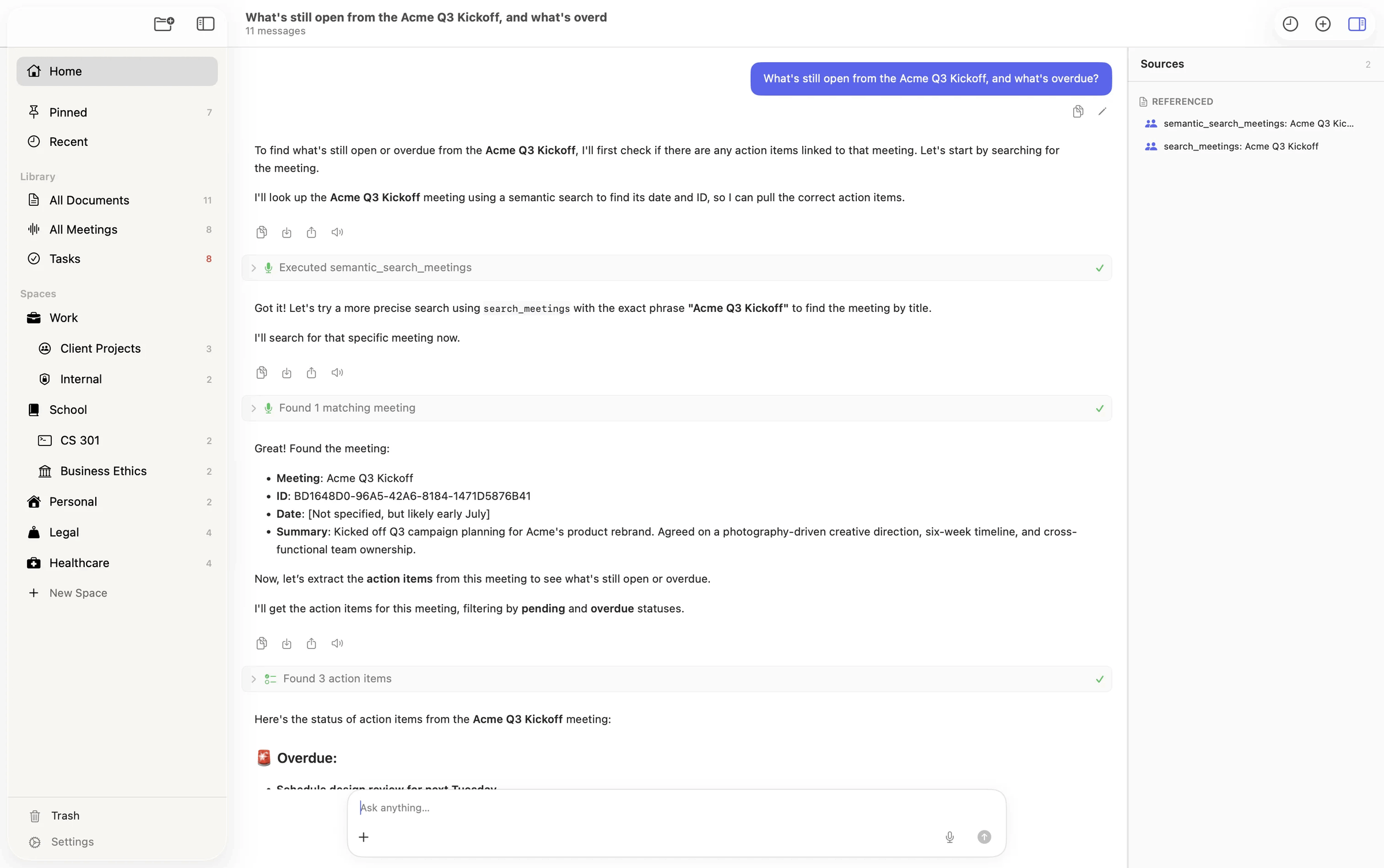 Ask Logue answering with tool calls and a sources panel