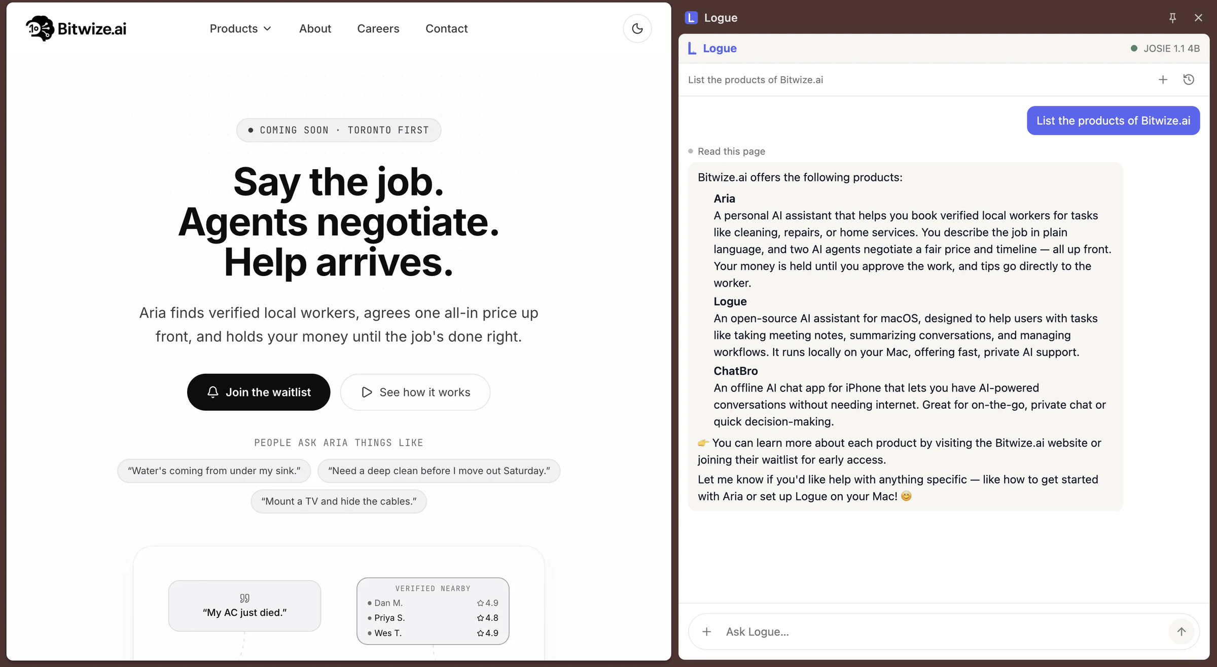 The Logue Chrome extension answering a question about the open tab