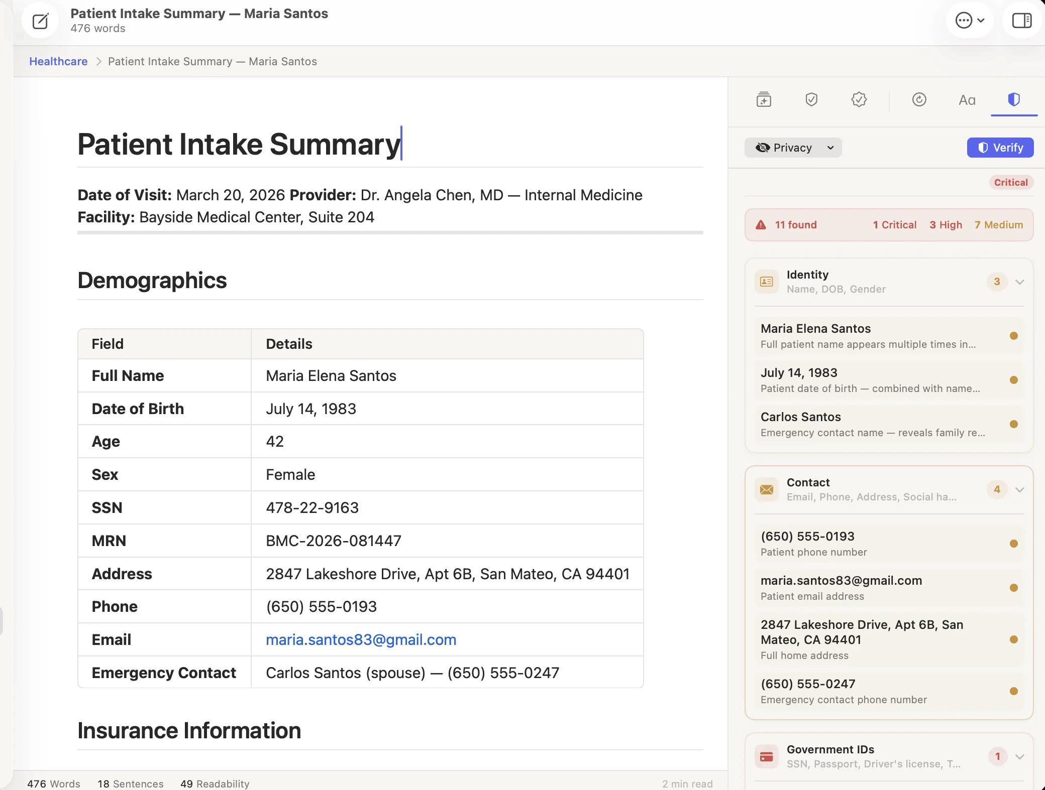 PII detection flagging patient identifiers in a document