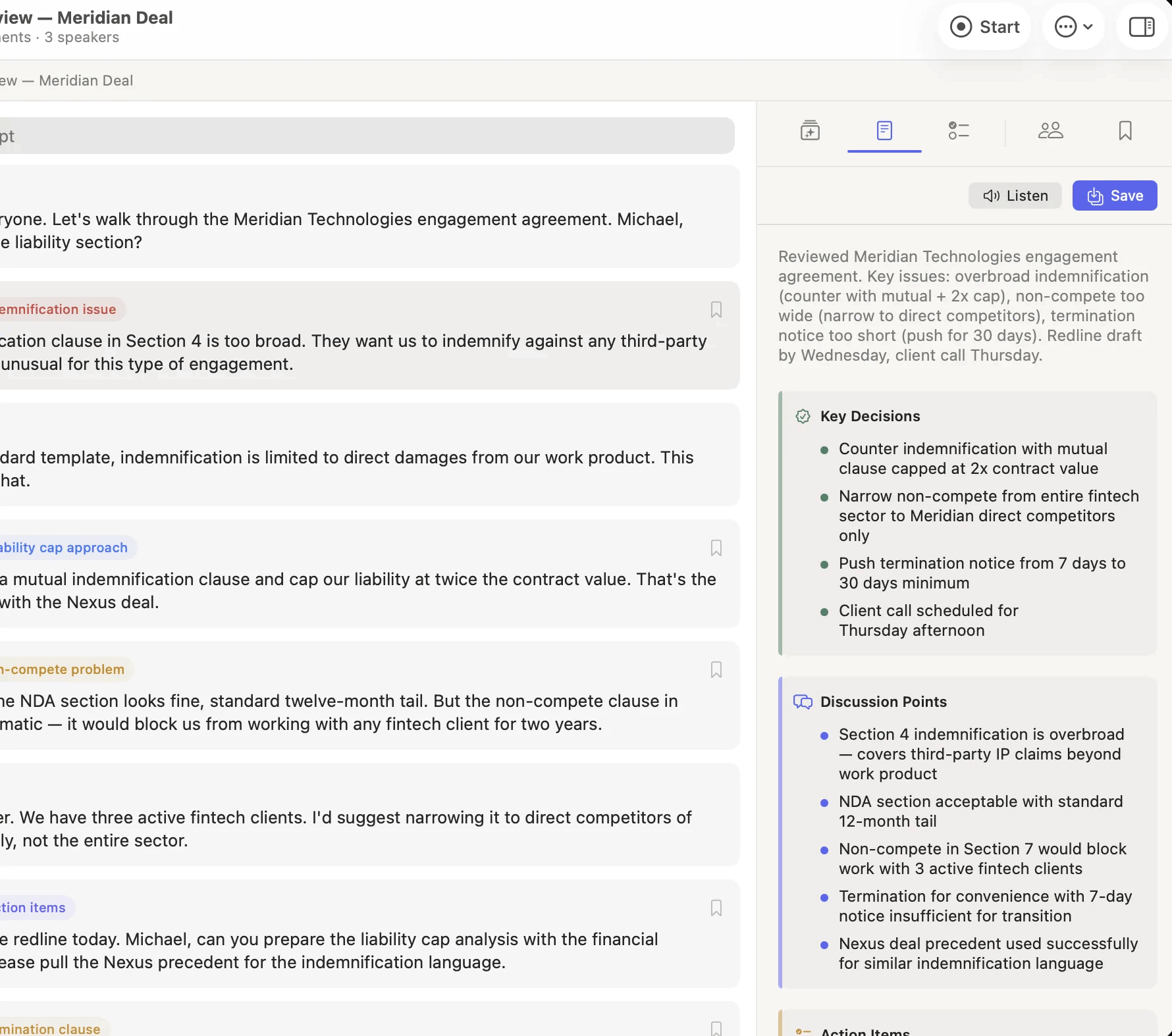 Smart Minutes with key decisions and action items