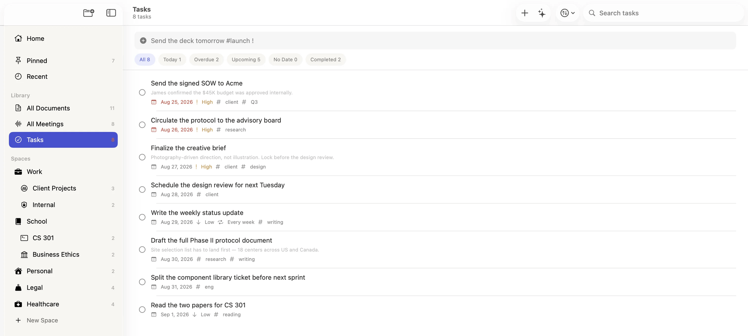 Action items from a meeting triaged into the task list