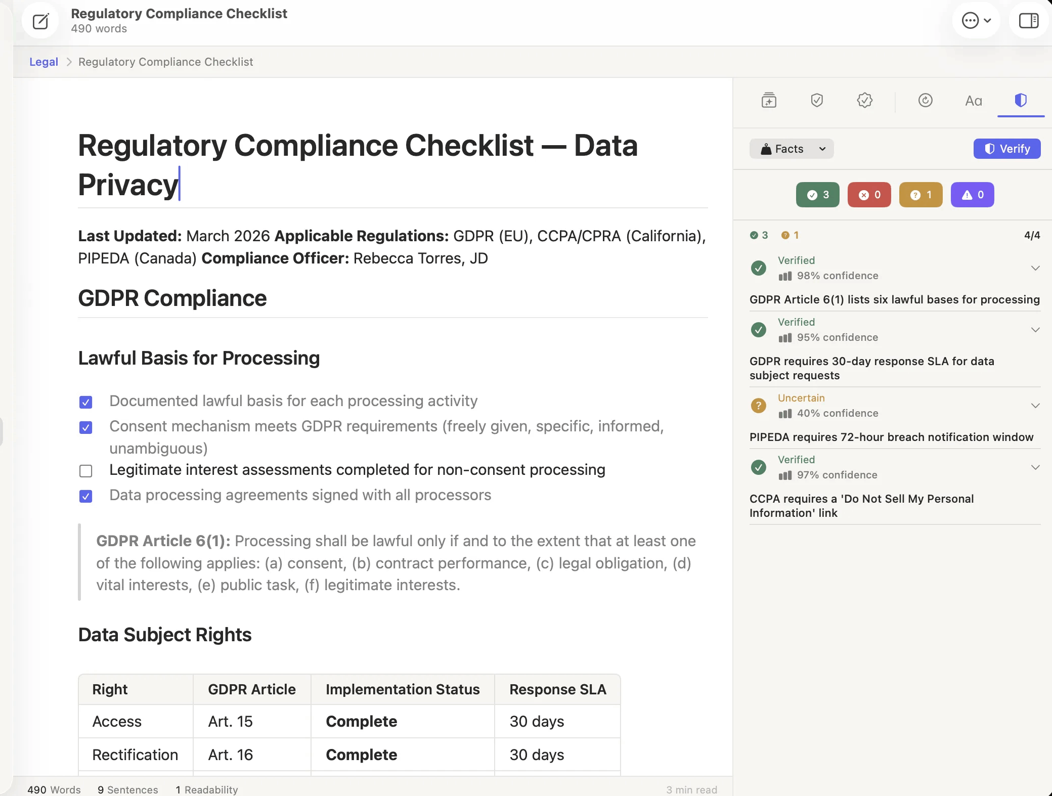 Writing a legal document with claims flagged for a source