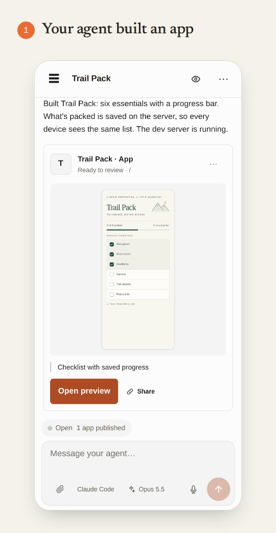 On a phone: open the app an agent built, circle the packed items, send a note, and compare the result before and after the agent's fix.