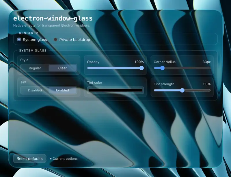 electron-window-glass example showing the system glass controls