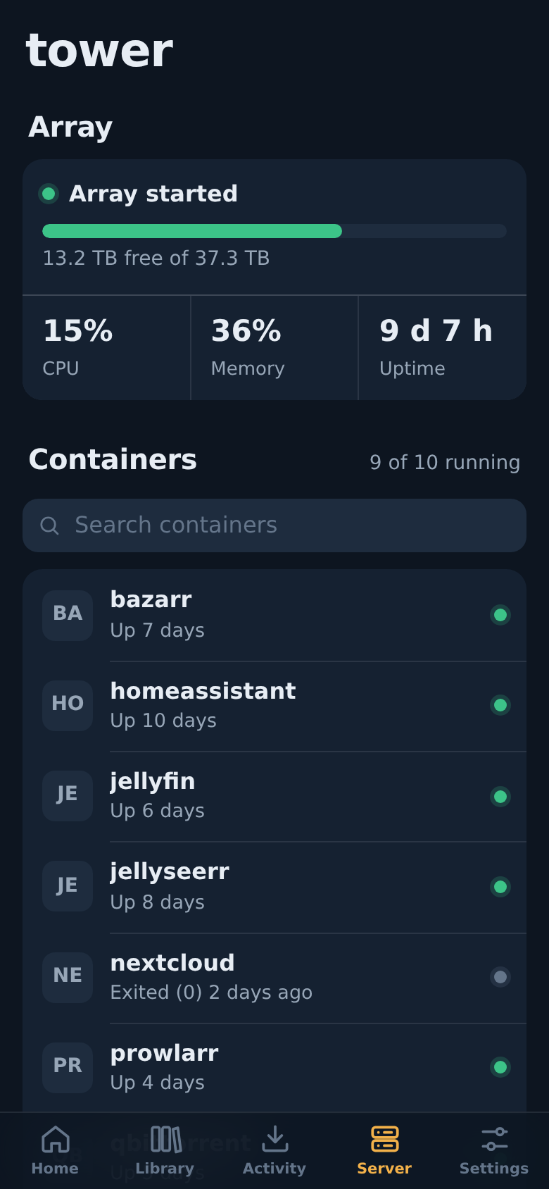 Server: Unraid array and containers