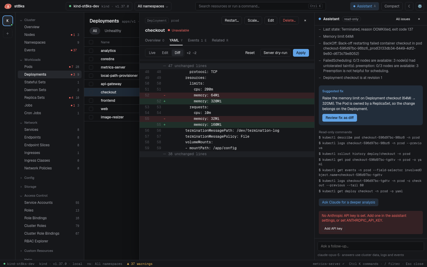 A crash loop explained by the assistant, with the proposed memory limit fix shown as a diff