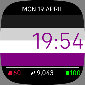 The Asexual pride flag, with matching purple font and no time background