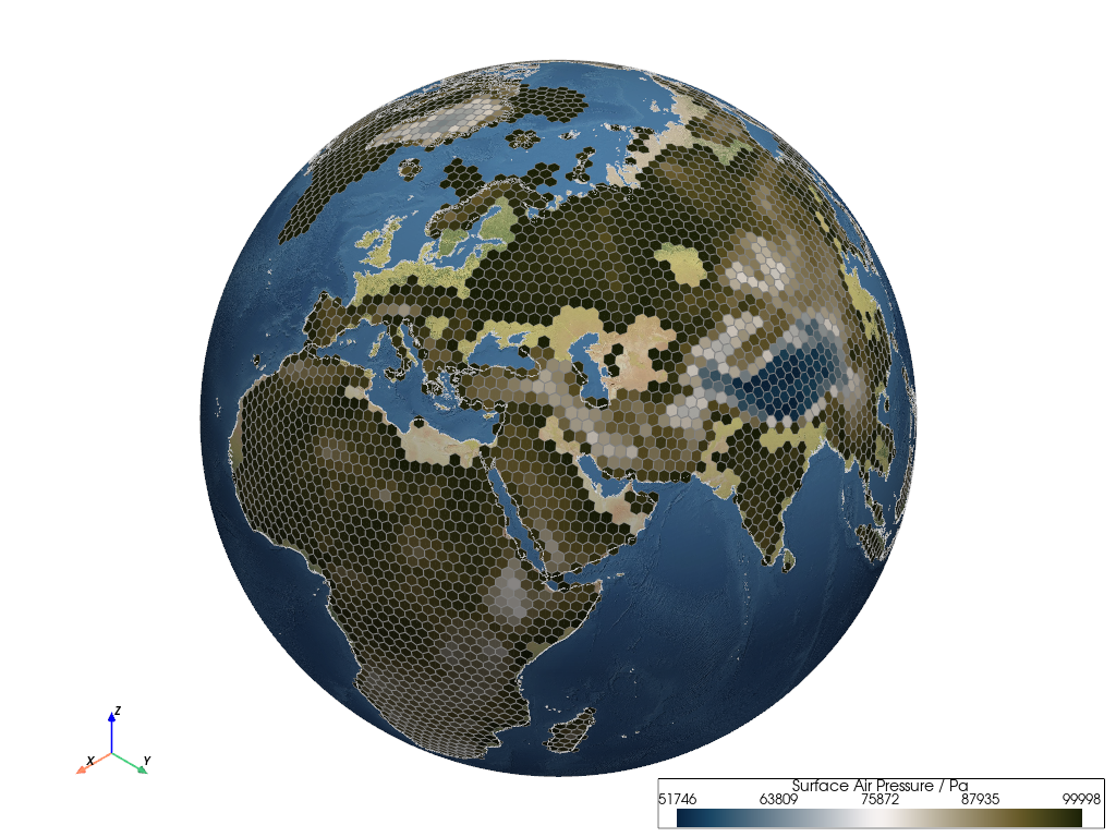 DYNAMICO Model, Unstructured Hexagonal Mesh of Surface Air Temperature